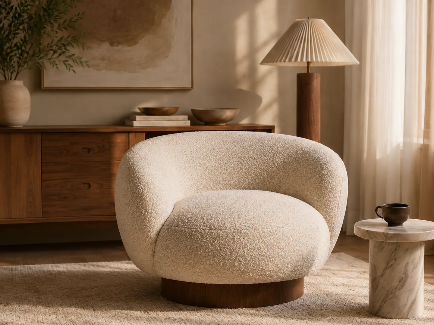 Ivory bouclé lounge chair in a warmly lit living room
