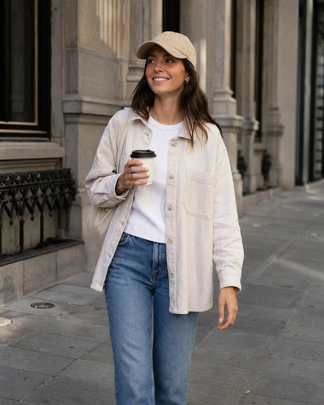 Customer wearing a beige cap and overshirt on a city street