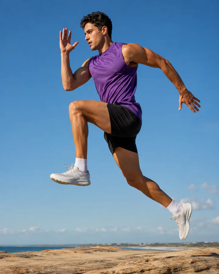 Athlete in purple activewear jumping during a workout
